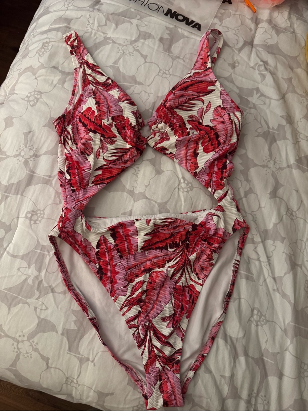 Jessica Simpson Red and Pink Tropical Cutout One-Piece Swimsuit